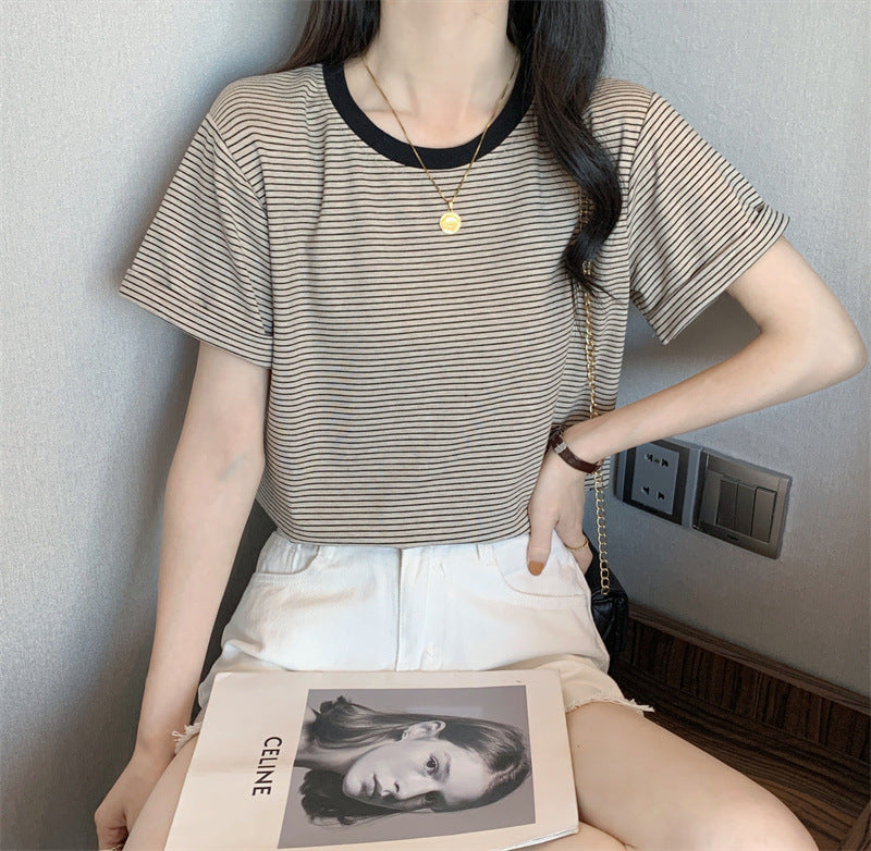 Damen T-Shirt Streifen Rundhals Bequem