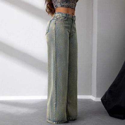 Damen High-Waist Jeans Vintage-Stil Weite Bein Lässig Blau