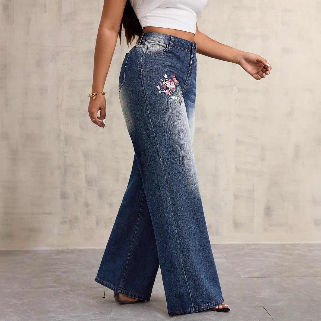 Damen Weite Jeans Blumenstickerei Eveloria