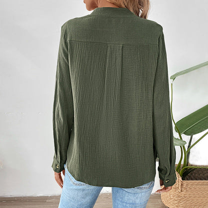 Damen Langarmshirt mit Knöpfen Strukturiert Weiß