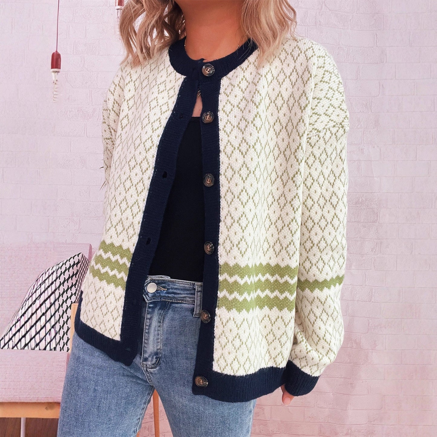 Damen Strickjacke Geometrisches Muster Elegante Knöpfe Eveloria - Eveloria