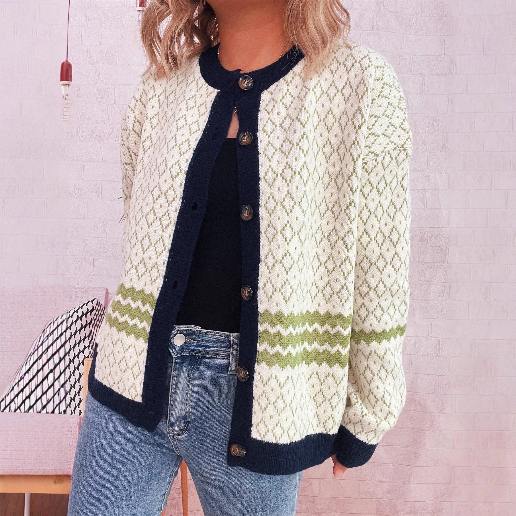 Damen Strickjacke Geometrisches Muster Elegante Knöpfe Eveloria - Eveloria