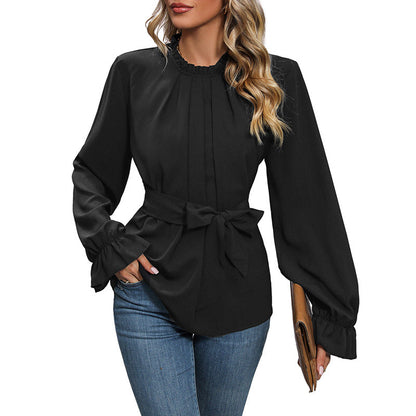 Damen Bluse Rüschendetails Taillengürtel Eveloria