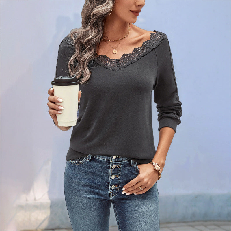 Damen Oberteil Spitzenbesatz Elegant Weiß - Eveloria