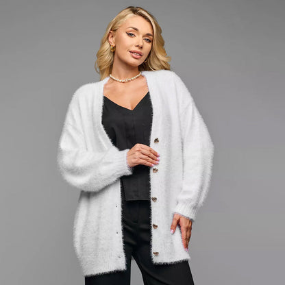 Damen Strickjacke Oversized Weich Herzknöpfe Beige