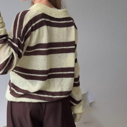 Damen Pullover Grob gestrickt Polo-Kragen Blockstreifen
