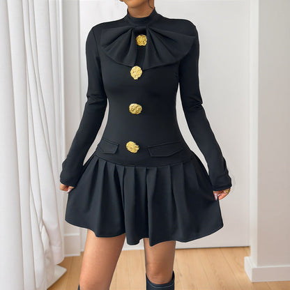 Damen Wickelkleid mit Stehkragen und Knöpfen