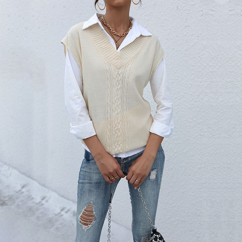 Damen Strickweste V-Ausschnitt Zopfmuster Beige