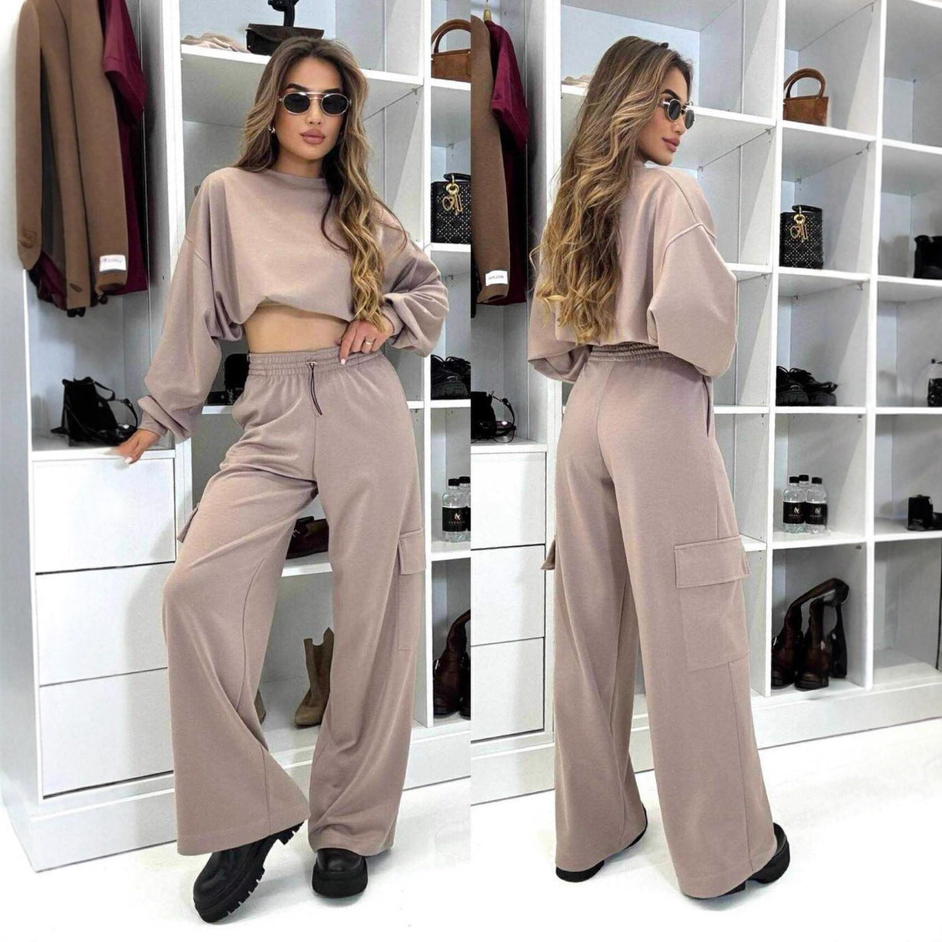 Damen Cargo Lounge Set Cropped Oberteil Bequeme Hose Grau - Eveloria