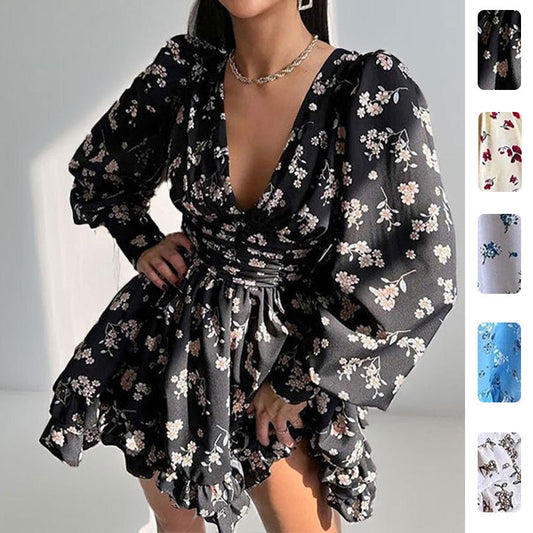 Damen Blumenkleid Voluminöse Ärmel Geraffter Rock Eveloria - Eveloria