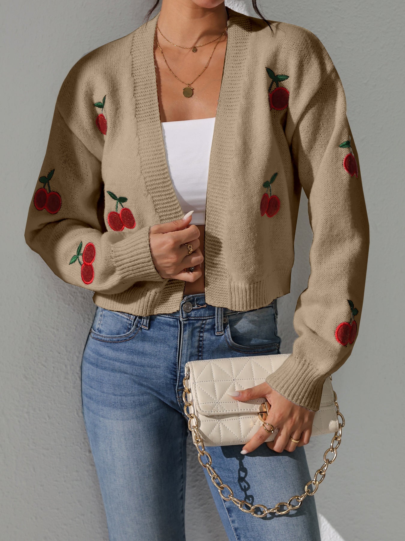 Damen Strickjacke Florales Kirschmuster