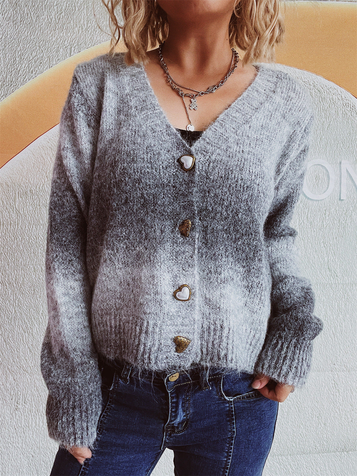 Damen Strickjacke Kuschelig Herzknöpfe Locker Eveloria