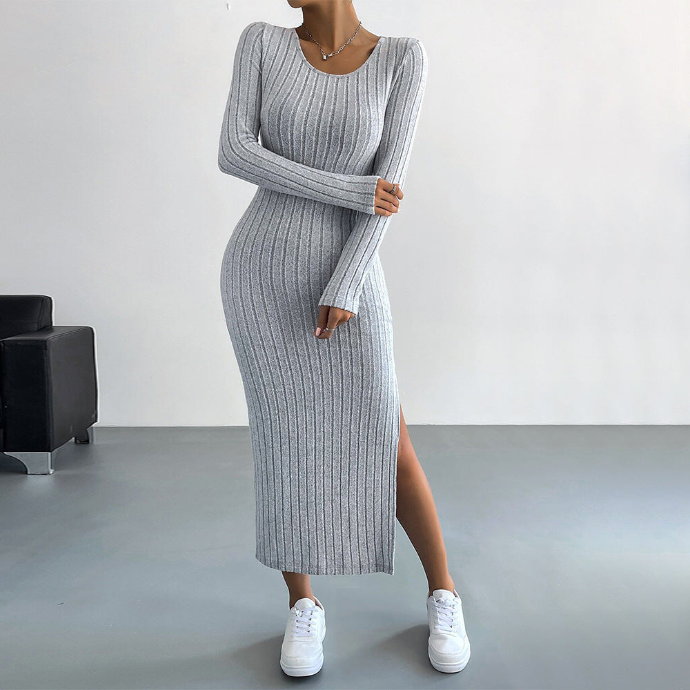 Damen Strickmaxikleid Langer Ärmel Seitenschlitz Eveloria