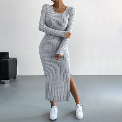 Damen Strickmaxikleid Langer Ärmel Seitenschlitz Eveloria