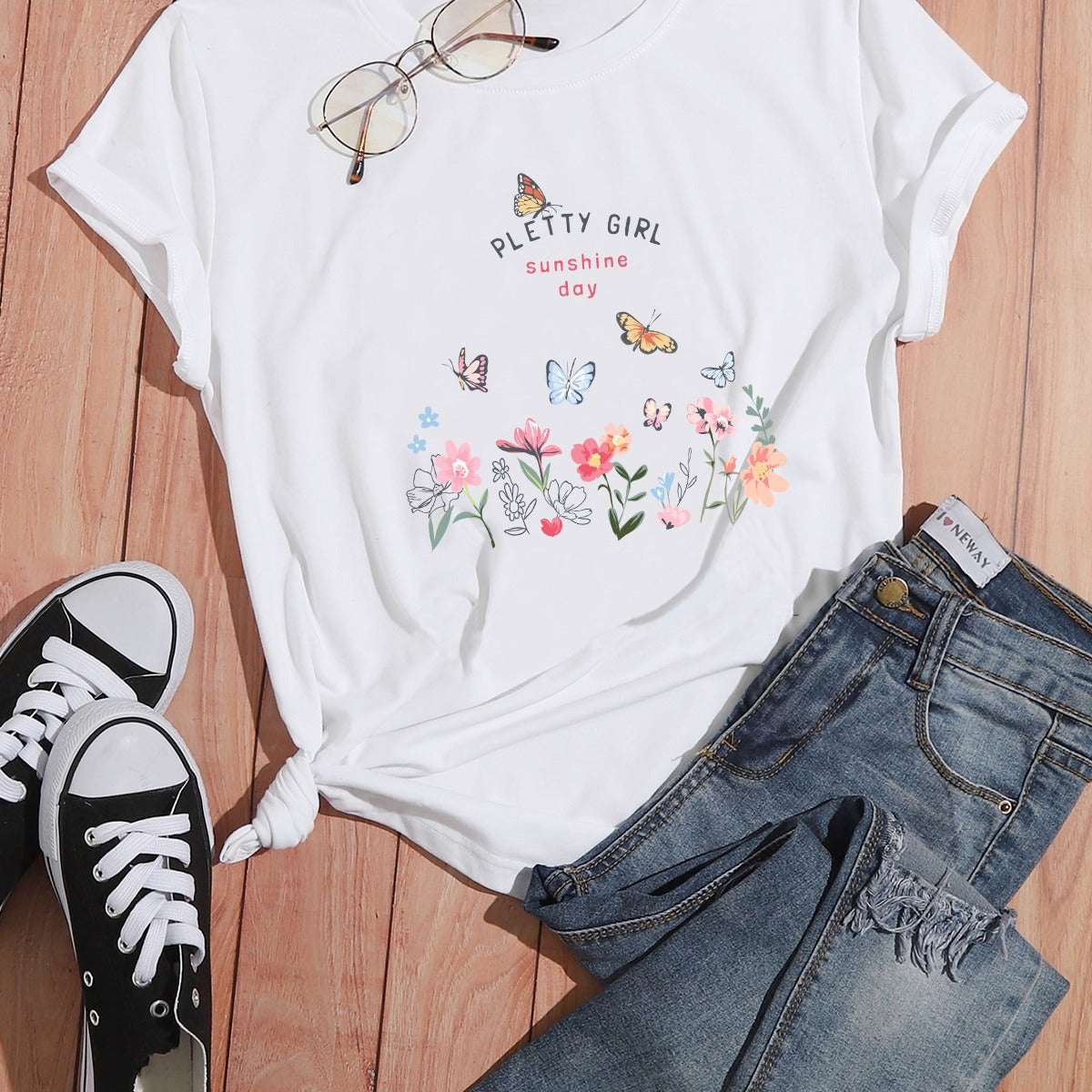 Damen T-Shirt Blumendruck Elegant Weiß