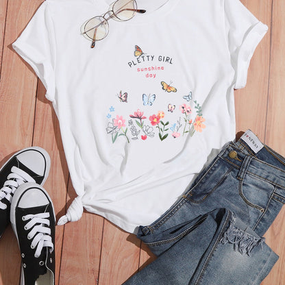 Damen T-Shirt Blumendruck Elegant Weiß