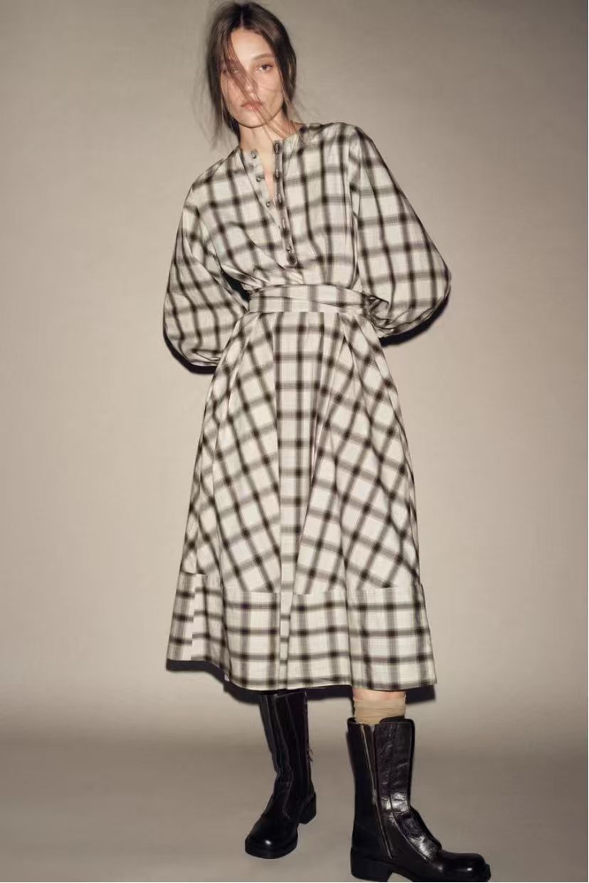 Damen Maxikleid Kariert Mit Taillengürtel -Weiß