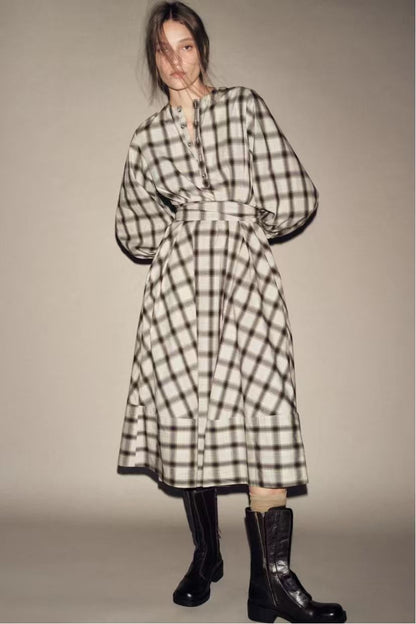 Damen Maxikleid Kariert Mit Taillengürtel -Weiß