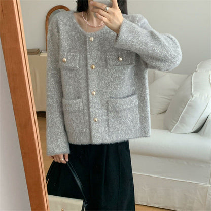 Damen Strickjacke Kuschelig Perlenknöpfe Beige