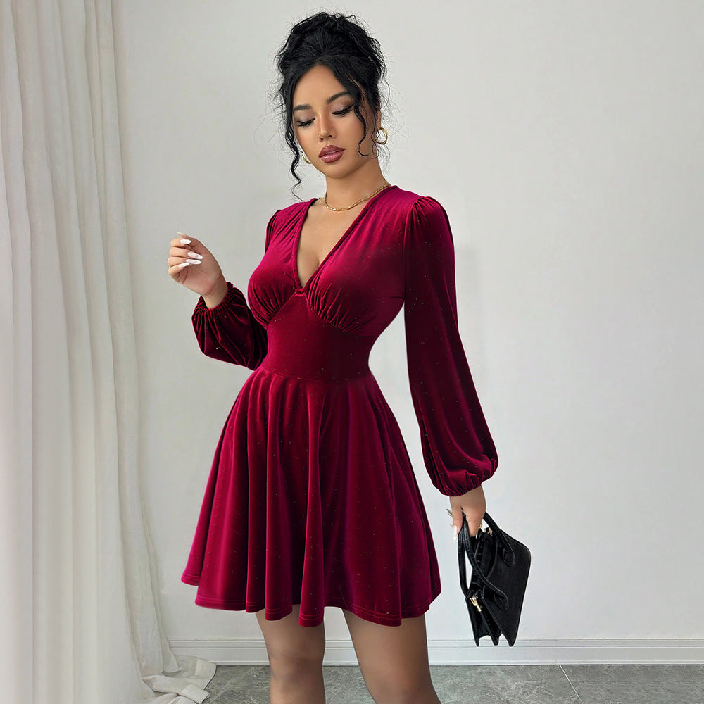 Damen Kurzarmkleid mit Puffärmeln V-Ausschnitt