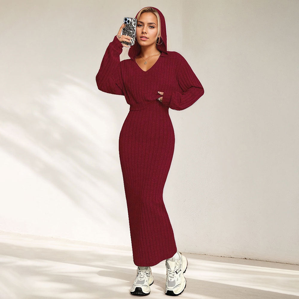 Damen Maxikleid Rippenstrick V-Ausschnitt Figurformend