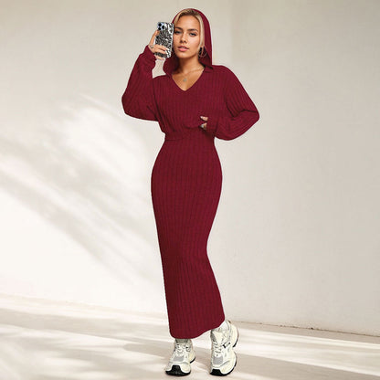 Damen Maxikleid Rippenstrick V-Ausschnitt Figurformend