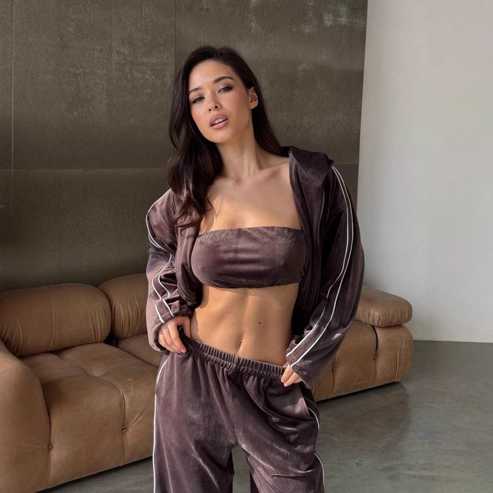Damen Velours Loungewear Set Cropped Oberteil Weite Hose Schwarz - Eveloria