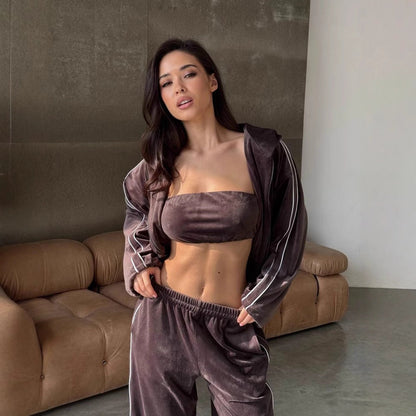 Damen Velours Loungewear Set Cropped Oberteil Weite Hose Schwarz - Eveloria