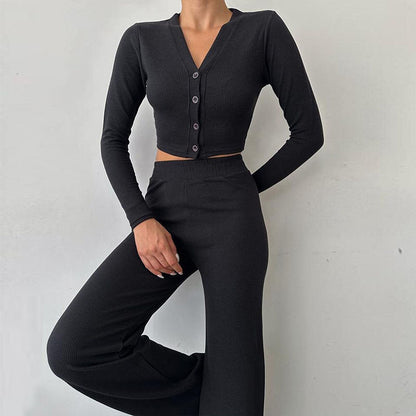 Damen Lounge-Set mit Knopfleiste und weitem Bein Eveloria