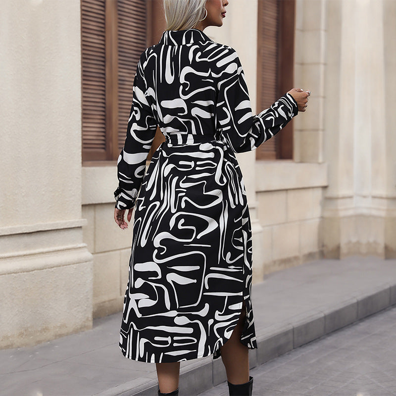 Damen Langarmhemdkleid mit Muster und Taillengürtel Eveloria