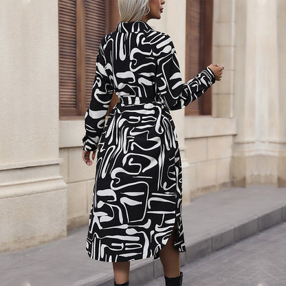 Damen Langarmhemdkleid mit Muster und Taillengürtel Eveloria