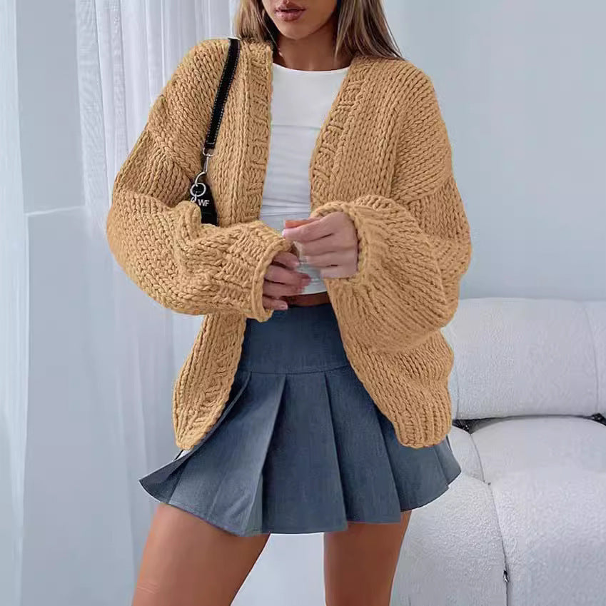 Damen Cardigan Weich Strick Voluminöse Ärmel Offene Front Beige