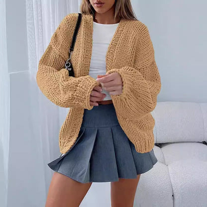 Damen Cardigan Weich Strick Voluminöse Ärmel Offene Front Beige
