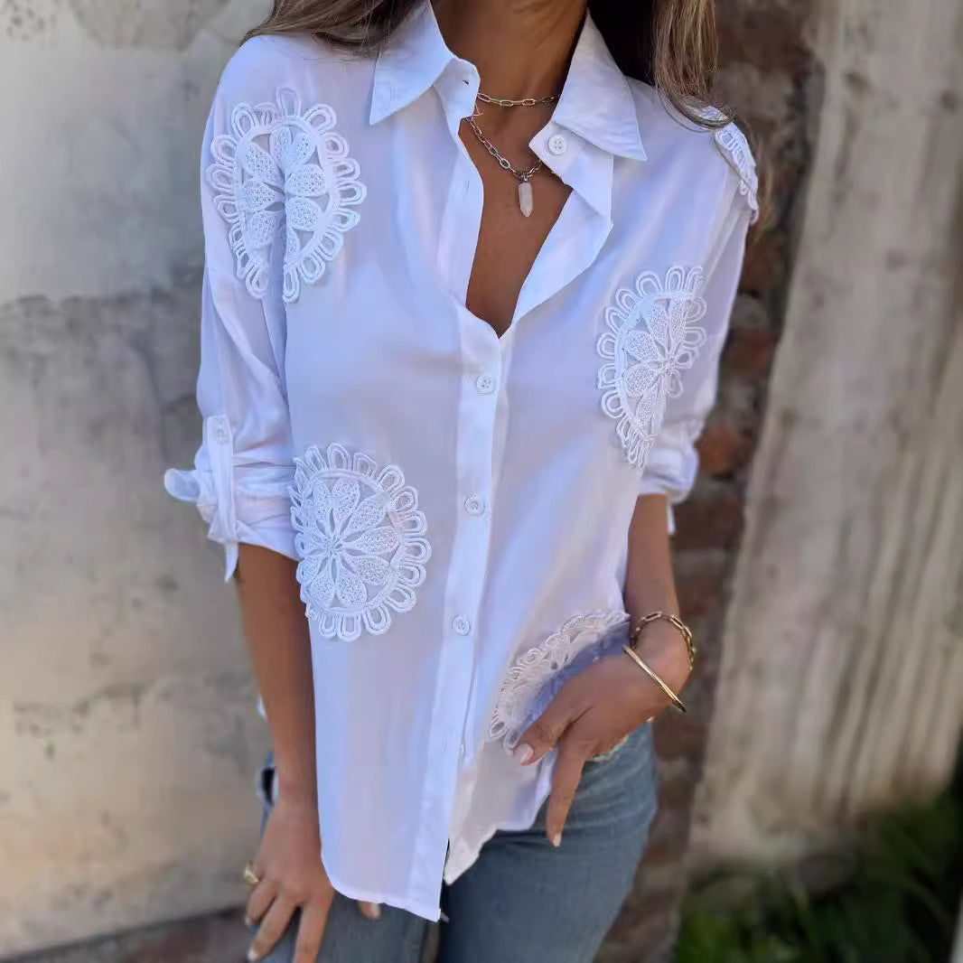 Damen Bluse Spitzenapplikationen Elegantes Design Weiße Eveloria