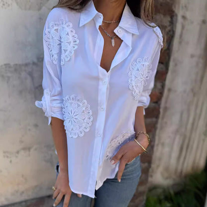 Damen Bluse Spitzenapplikationen Elegantes Design Weiße Eveloria