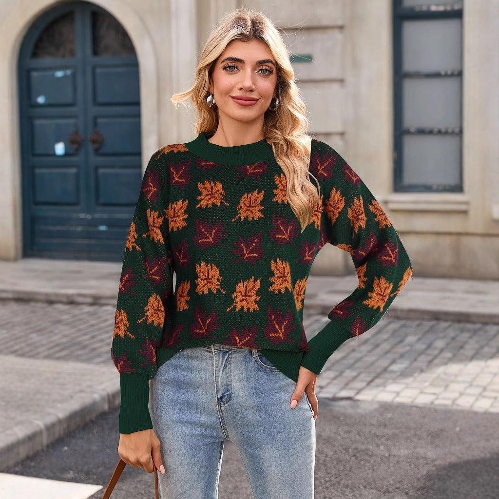 Damen Strickpullover Herbstblätterdesign Eveloria