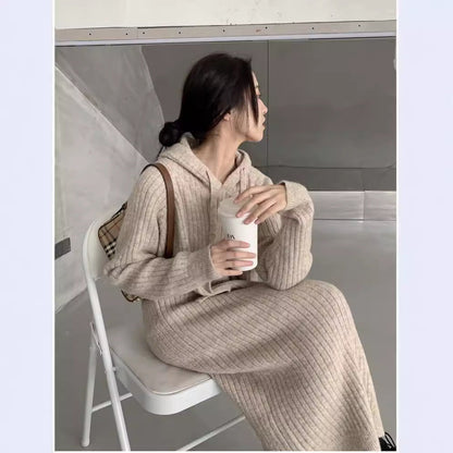 Damen Strickpullover Lang Kapuze Rippstruktur Beige