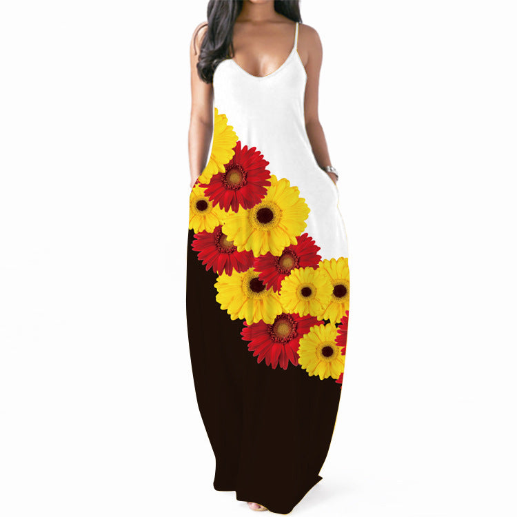 Damen Maxikleid Floralmuster Raffinierte Eingrifftaschen Eveloria