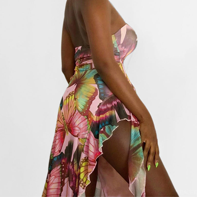Damen Strandkleid Asymmetrisch Bunt Schmetterling