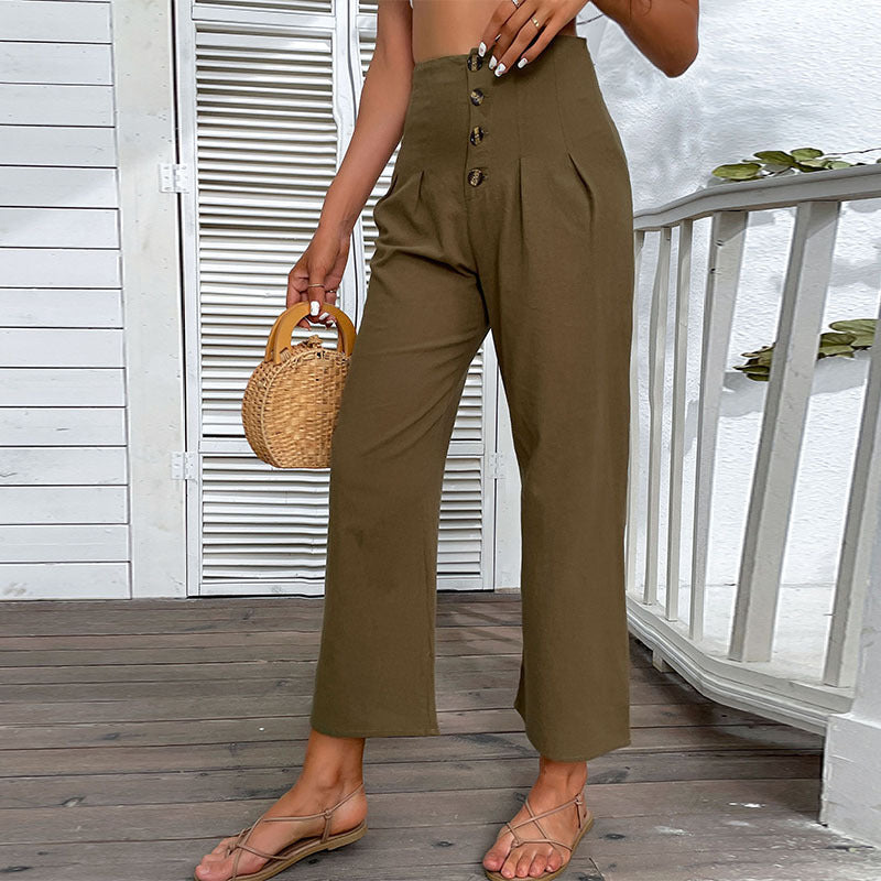 Damen Hochwaisted Hosen Knopfdetail Faltenwurf Eveloria