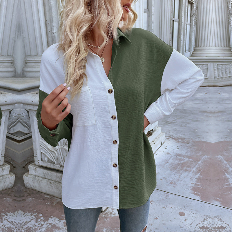 Damen Oversized Blusenhemd 2-Farb-Design Knopfdetails
