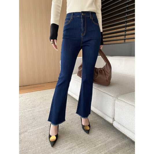 Damen High-Waist Flare Jeans mit Fransen Schwarz Eveloria - Eveloria