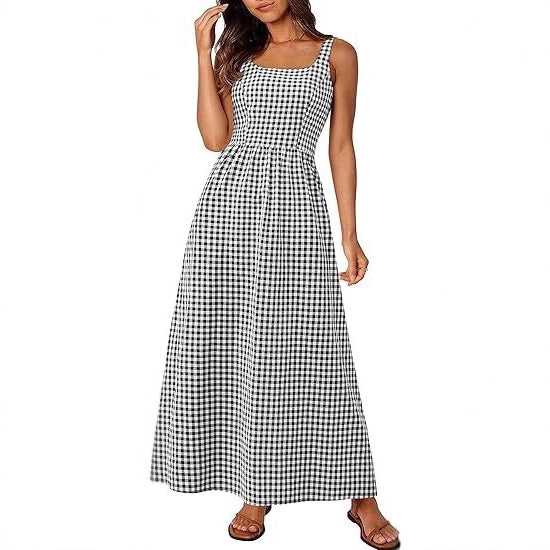 Damen Maxikleid Karomuster Elastisch
