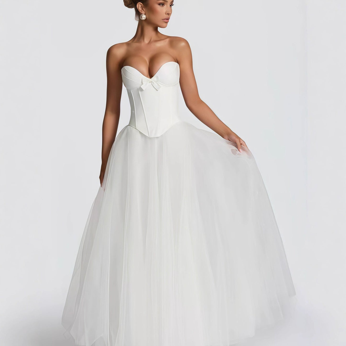 Damen Brautkleid V-Ausschnitt Tüllrock Weißen Hochzeitkleid