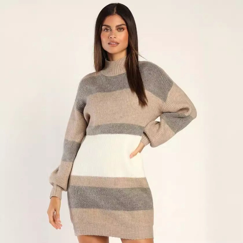Damen Strickkleid Rollkragen Streifenmuster - Eveloria