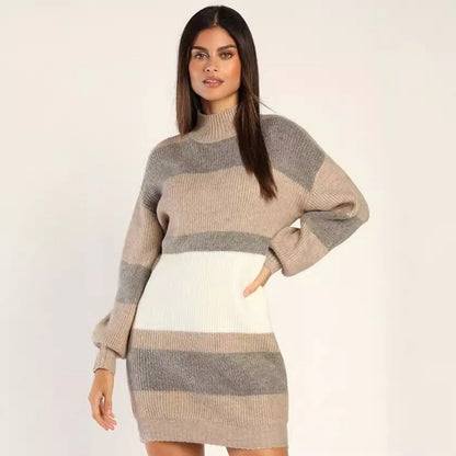 Damen Strickkleid Rollkragen Streifenmuster - Eveloria