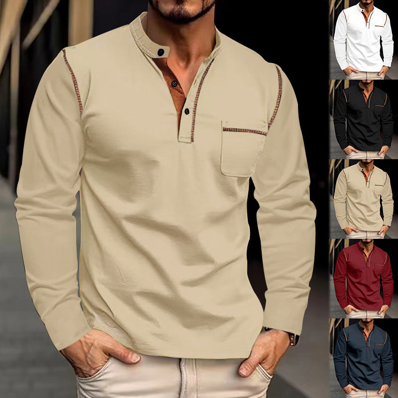 Herren Langarm-Shirt mit Kragen und Brusttasche Schwarz Eveloria - Eveloria