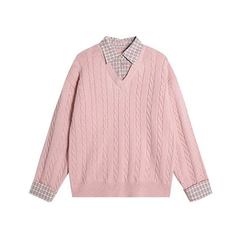 Damen Grobstrickpullover V-Ausschnitt Zopfmuster Eveloria