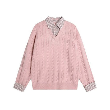 Damen Grobstrickpullover V-Ausschnitt Zopfmuster Eveloria