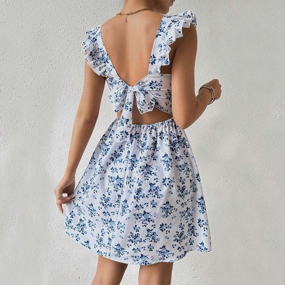 Damen Blumenkleid Sommer Rüschendetails Quadratausschnitt Eveloria